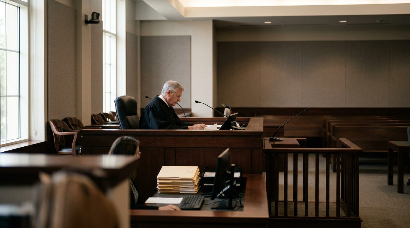 Judge's bench and clerk's desk in a Florida courtroom during a guardianship hearing.
