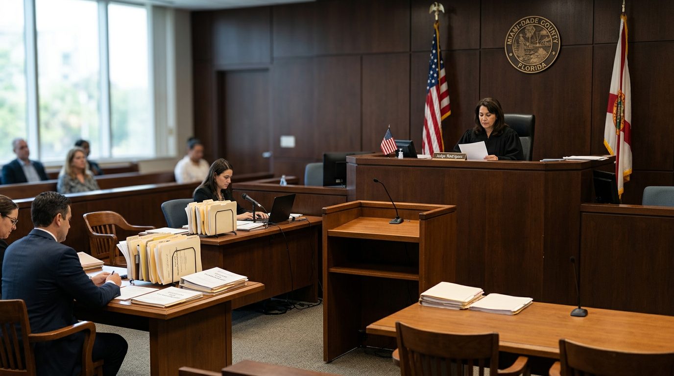Judge's bench and clerk's desk in a Miami Dade courtroom during a plenary guardianship hearing.