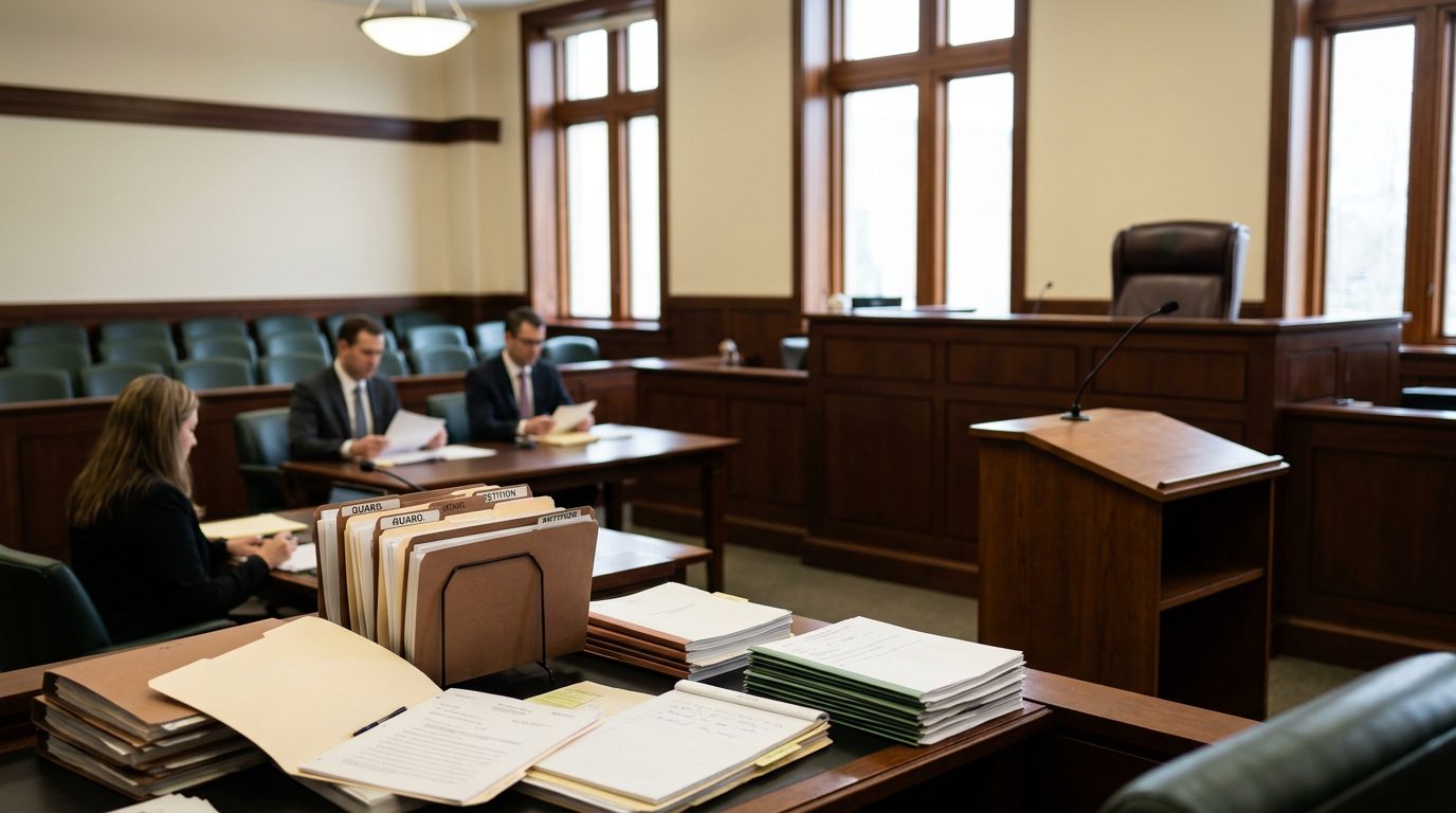 Judge's bench and clerk's desk in an empty courtroom during a plenary guardianship hearing.