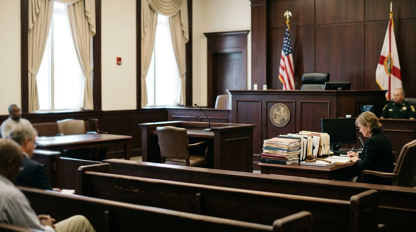 Judge's bench and clerk's desk in empty Florida courtroom during guardianship hearing.