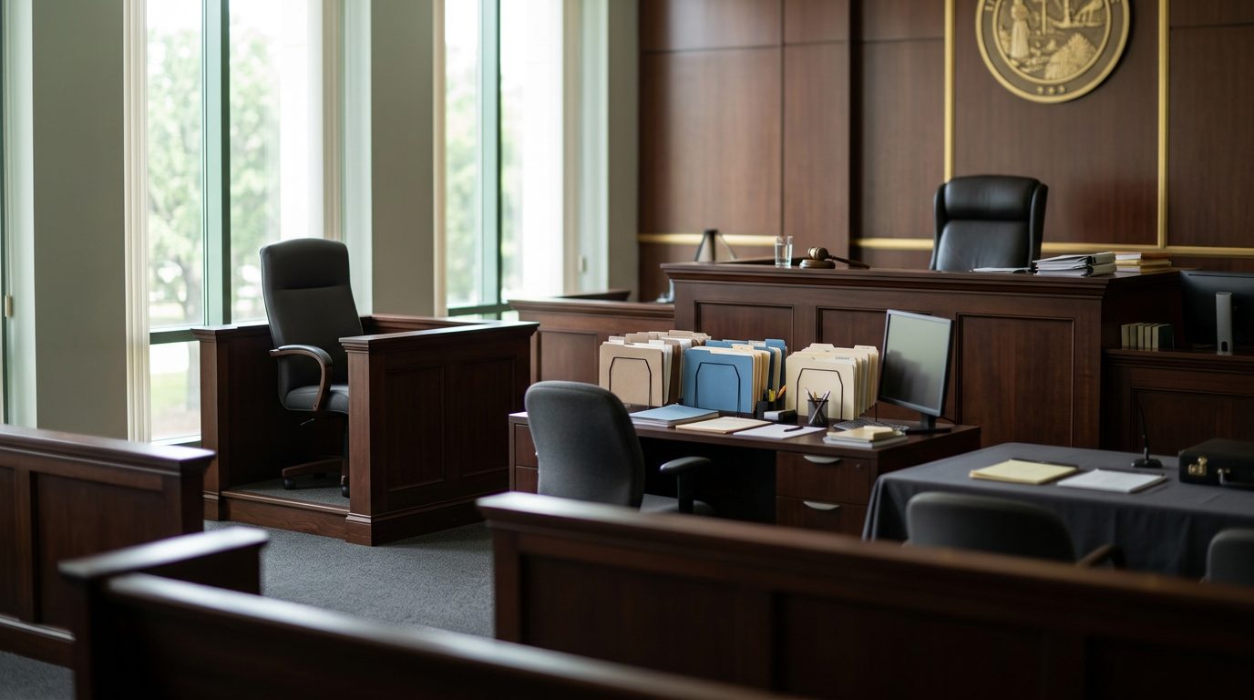 Judge's bench and clerk's desk in empty Florida courtroom during guardianship hearing.