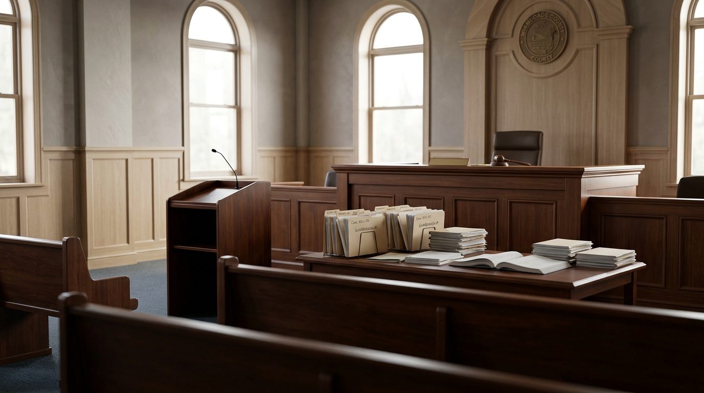 Judge's bench and witness stand in a courtroom during a guardianship hearing.