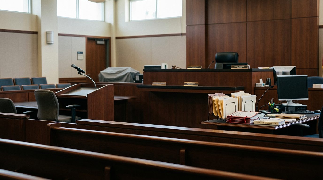 Judge's bench and witness stand in a courtroom during a guardianship hearing.