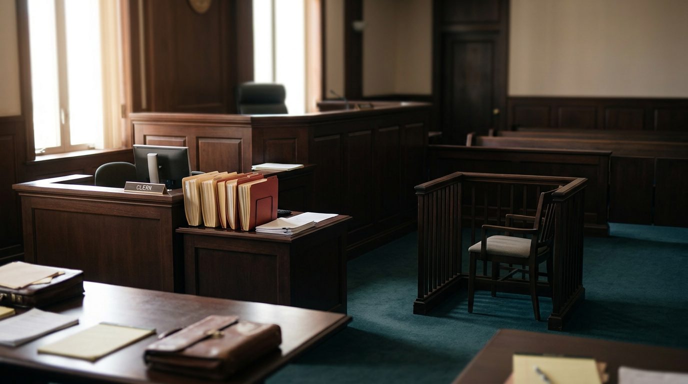 Judge's bench and witness stand in a courtroom during a plenary guardianship hearing.