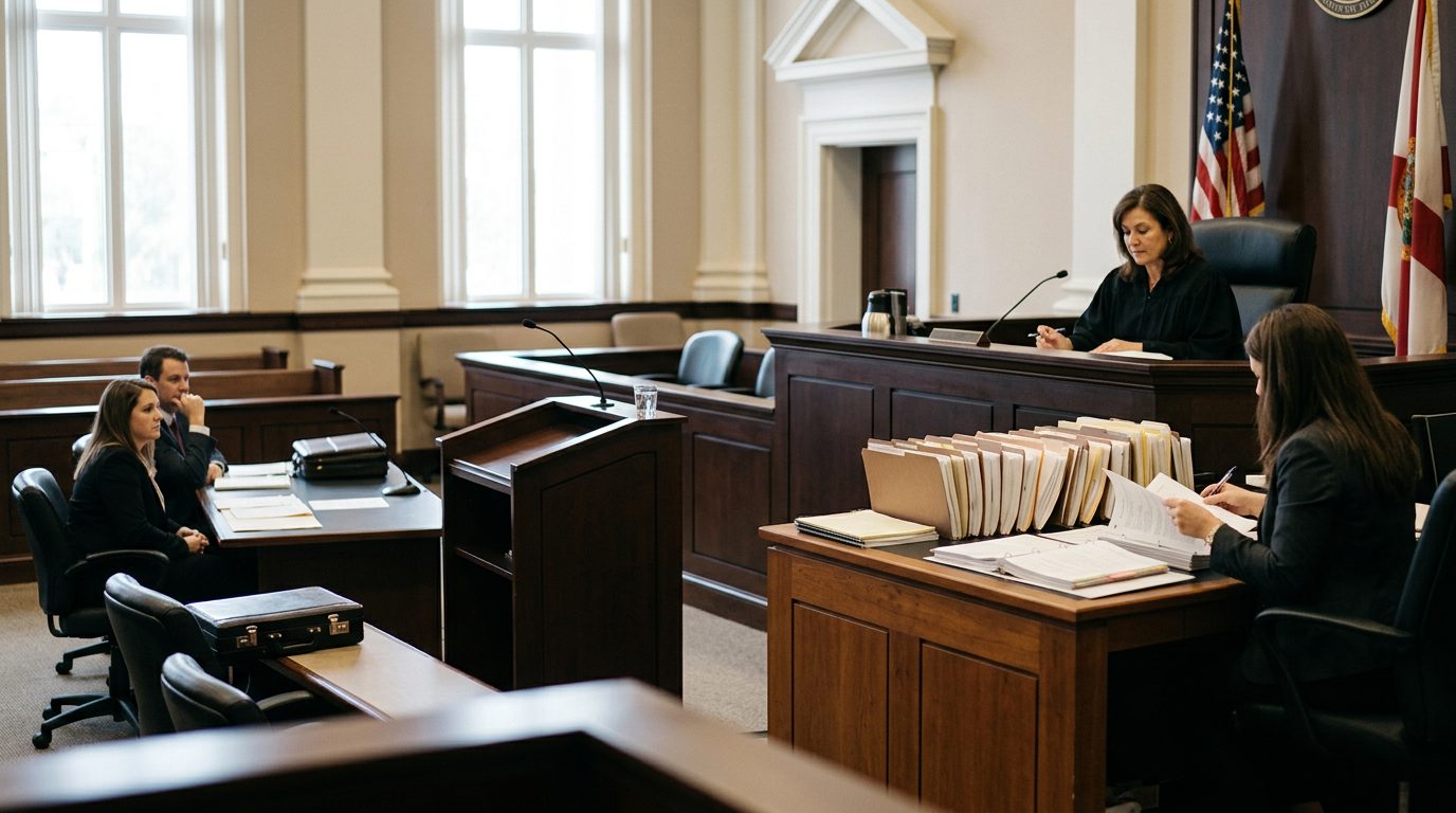 Judge's bench and witness stand in a Florida courtroom during a guardianship hearing.