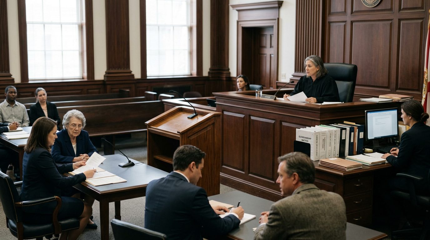 Judge's bench and witness stand in a Florida courtroom during a guardianship hearing.