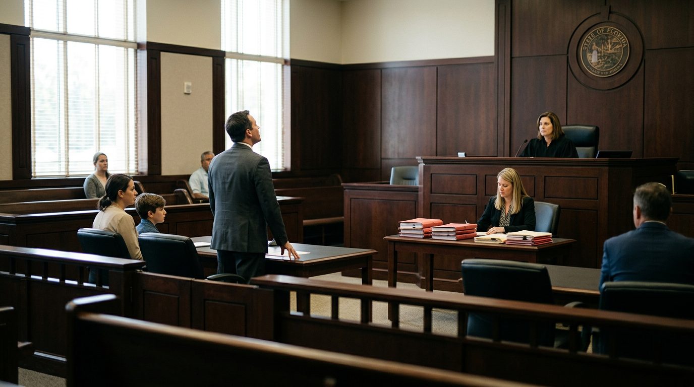 Judge's bench and witness stand in a Florida courtroom during a guardianship hearing.