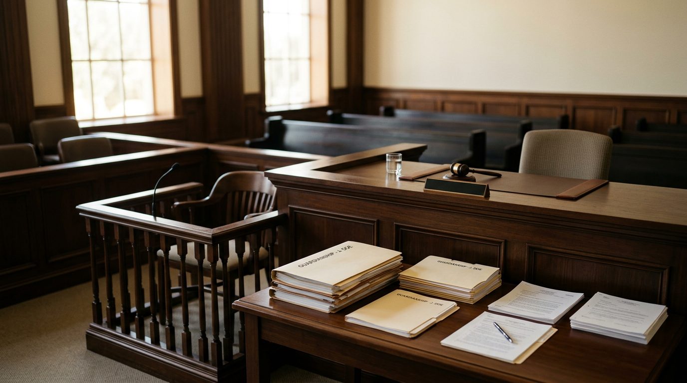 Judge's bench and witness stand in a Florida courtroom during a guardianship hearing.