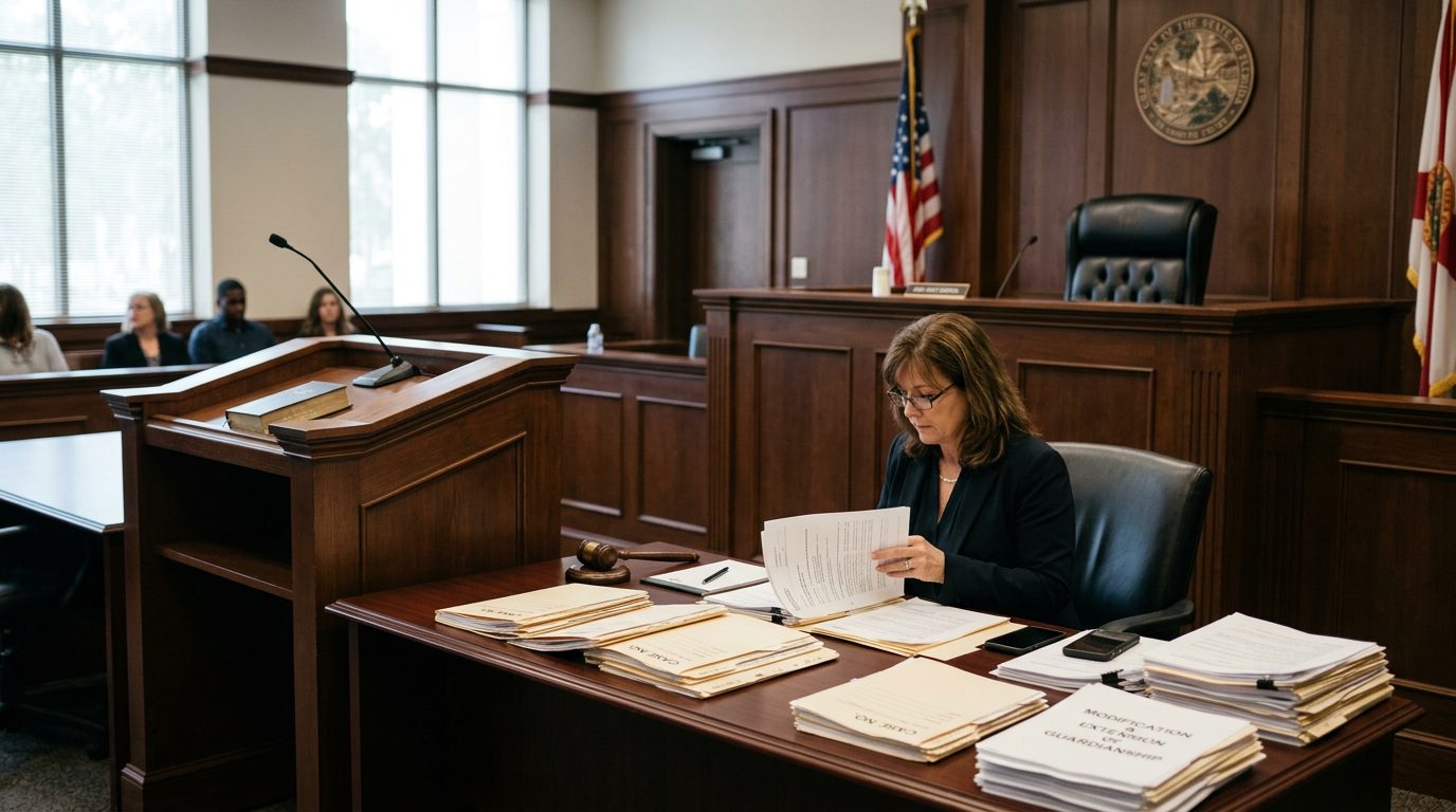 Judge's bench and witness stand in a Florida courtroom during a guardianship hearing.