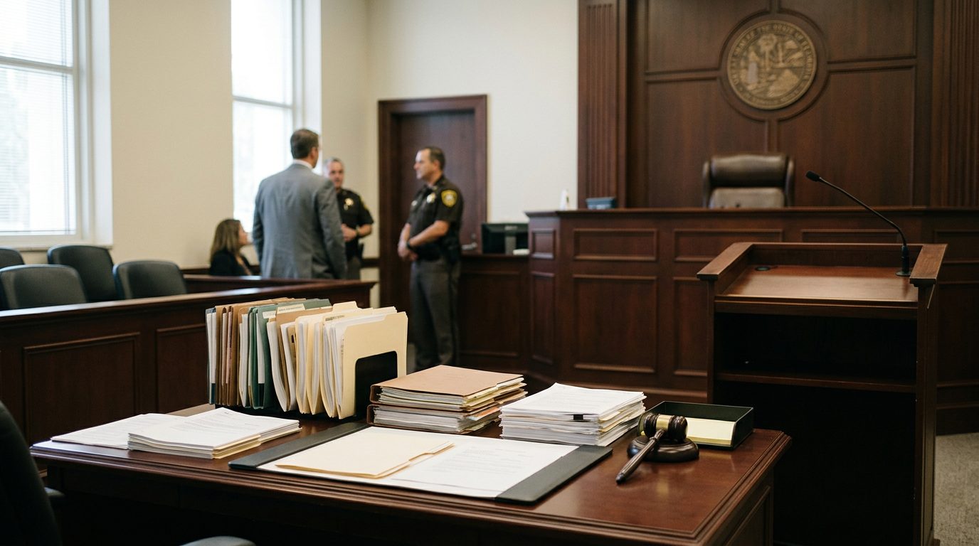 Judge's bench and witness stand in a Florida courtroom during a guardianship hearing.