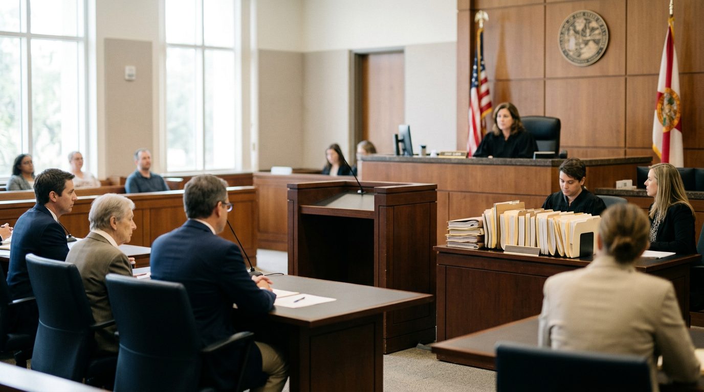 Judge's bench and witness stand in a Florida courtroom during a guardianship hearing.