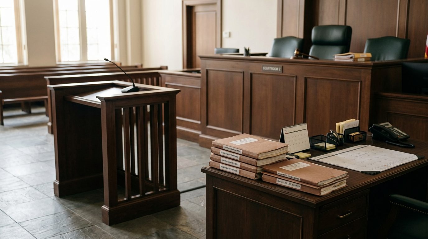 Judge's bench and witness stand in a Florida courtroom during a plenary guardianship hearing.