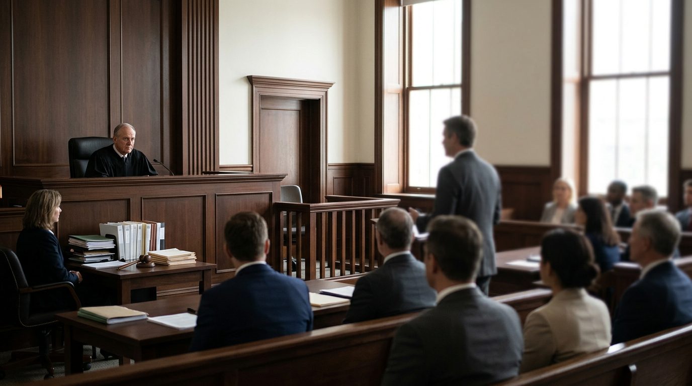 Judge's bench and witness stand in a Florida courtroom during a guardianship hearing.