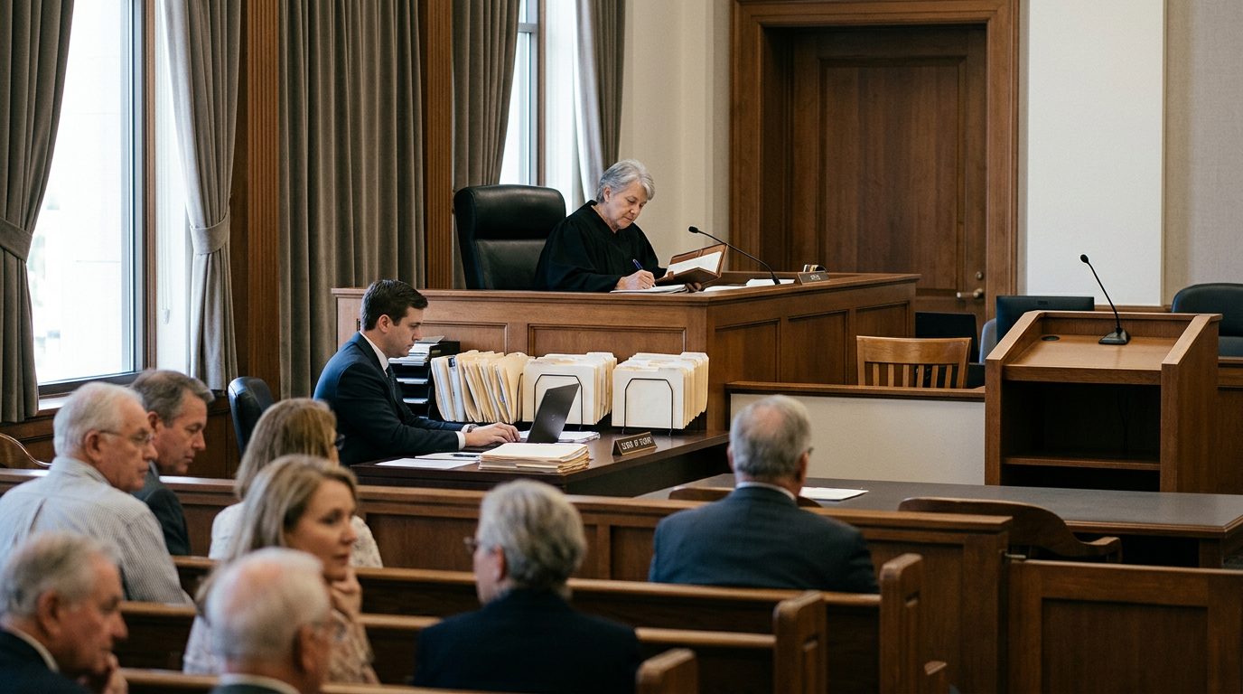 Judge's bench and witness stand in a Florida courtroom during a plenary guardianship hearing.