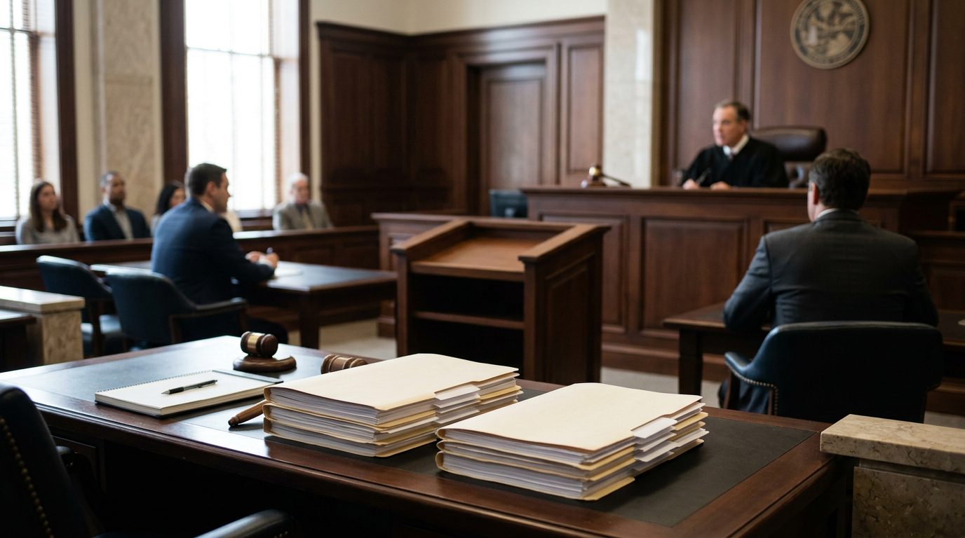 Judge's bench and witness stand in a Florida courtroom during a plenary guardianship hearing.