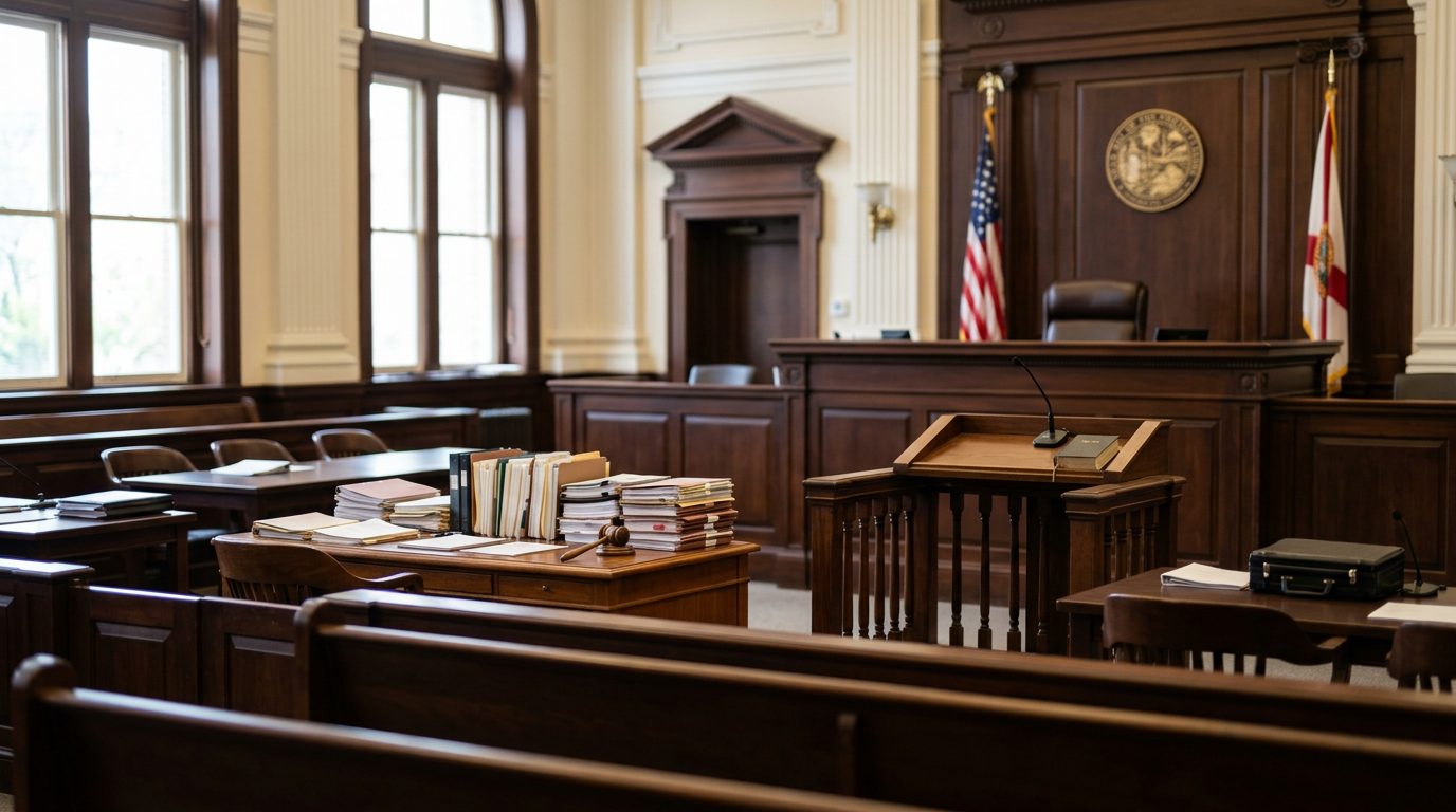 Judge's bench and witness stand in a Florida courtroom during a plenary guardianship hearing.