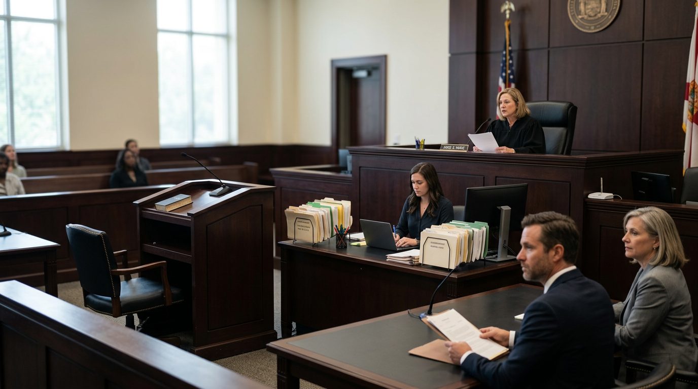 Judge's bench and witness stand in a Florida courtroom during a guardianship hearing.