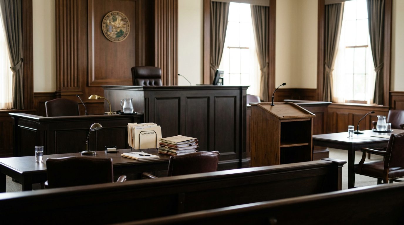 Judge's bench and witness stand in a Florida courtroom during a plenary guardianship hearing.
