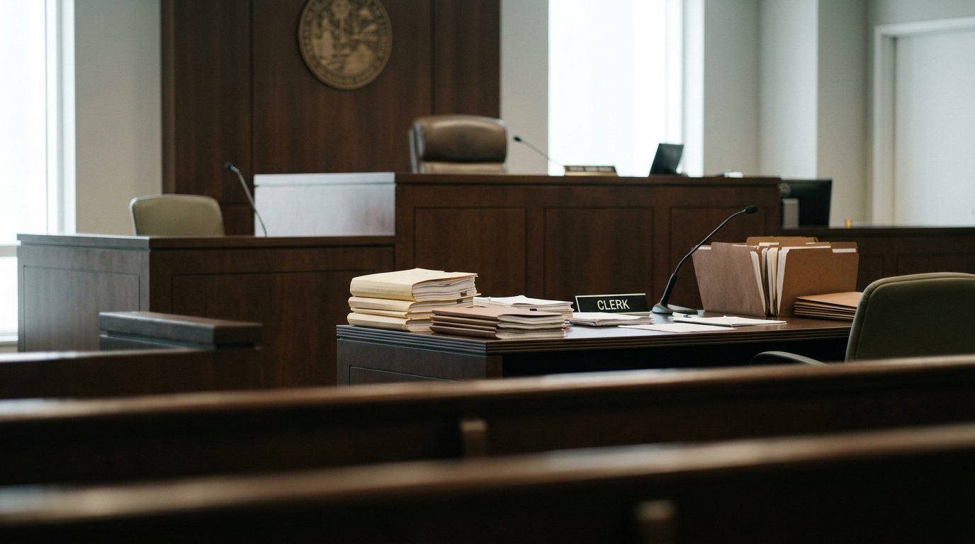 Judge's bench and witness stand in a Florida courtroom during a guardianship hearing.