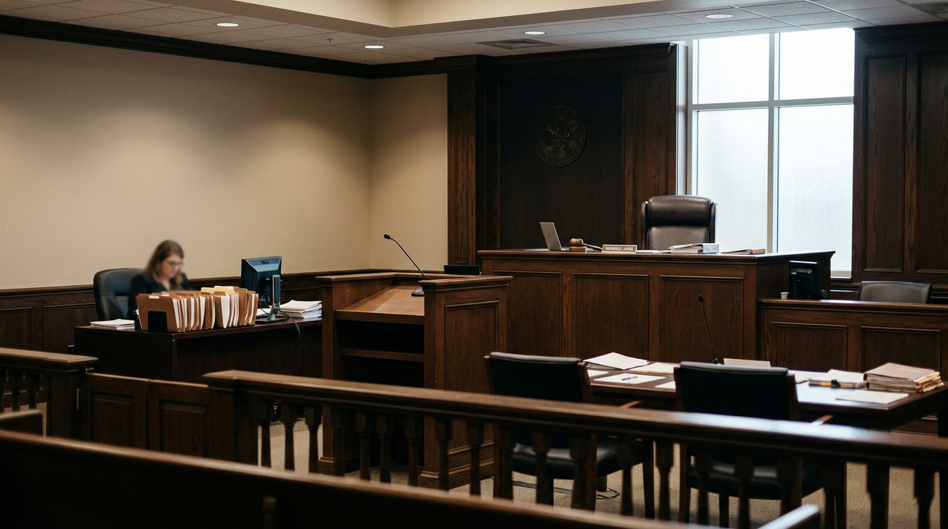 Judge's bench and witness stand in a Florida courtroom during a guardianship hearing.