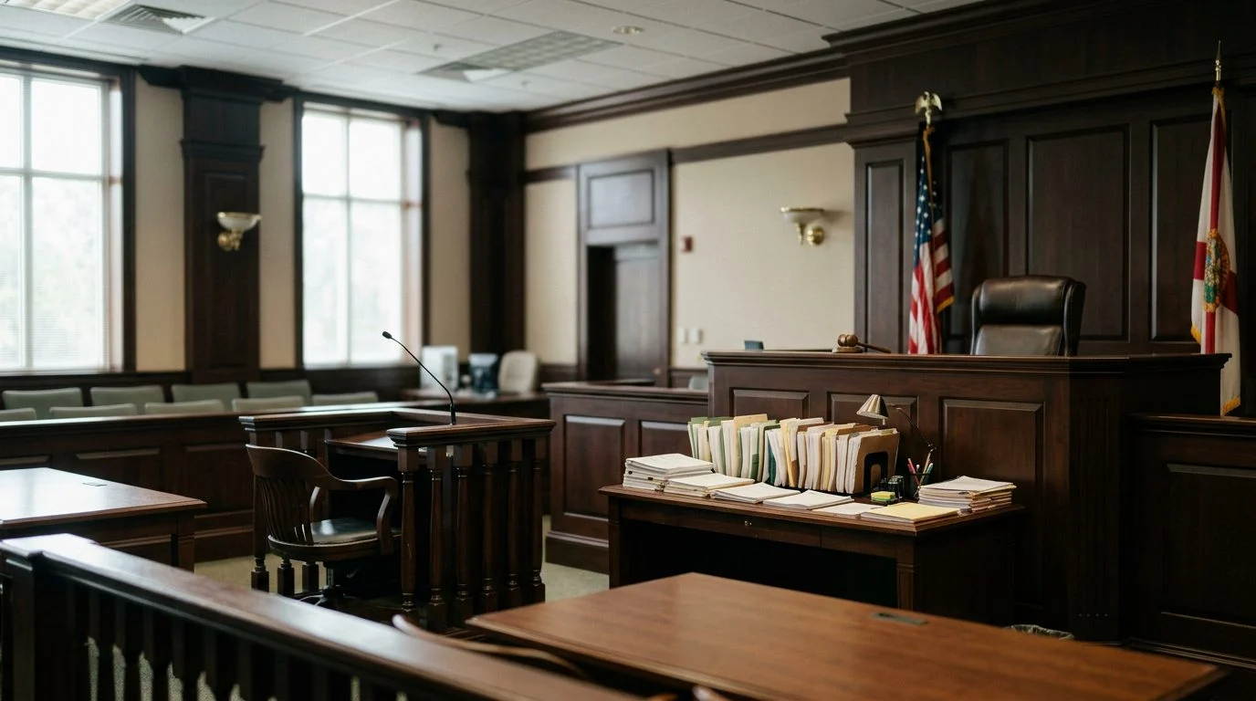 Judge's bench and witness stand in a Florida courtroom during a guardianship hearing.