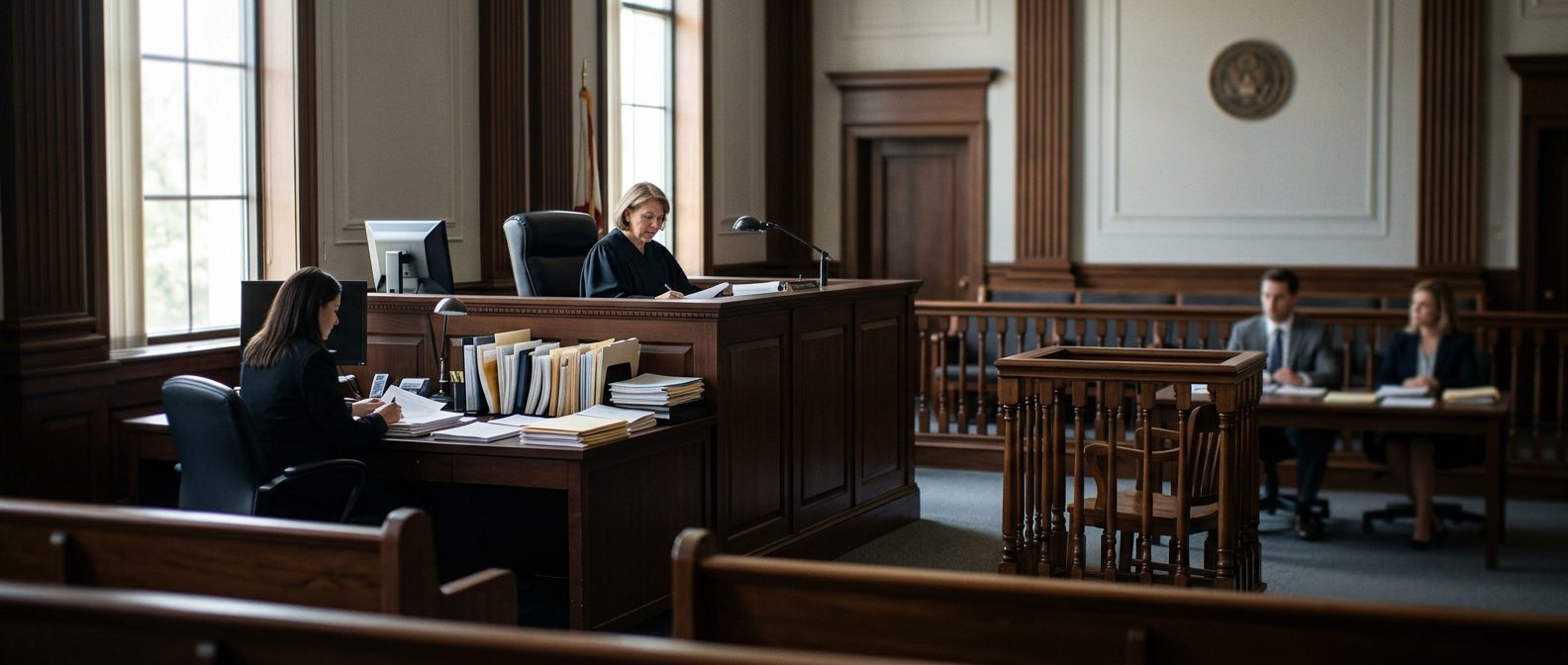 Judge's bench and witness stand in a Florida courtroom during a plenary guardianship hearing.