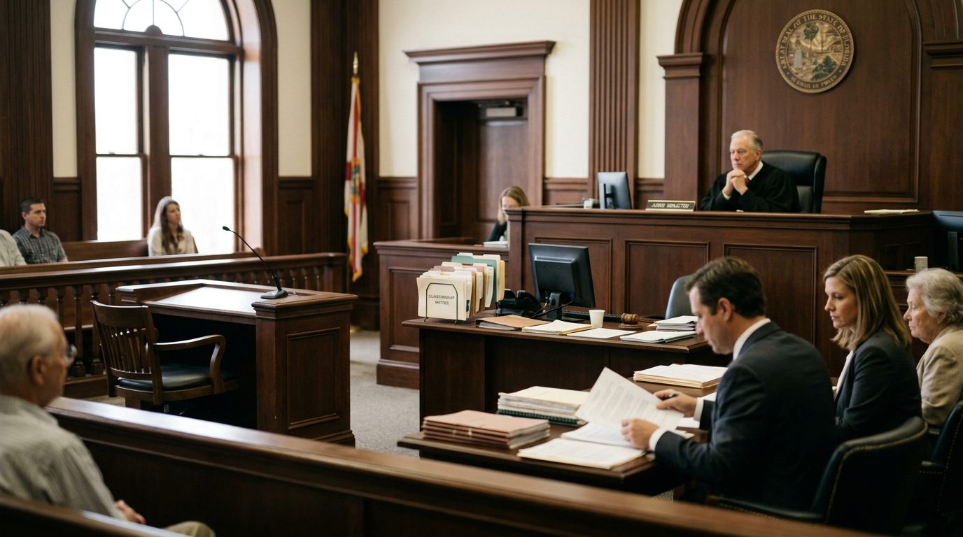 Judge's bench and witness stand in a Florida courtroom during a plenary guardianship hearing.