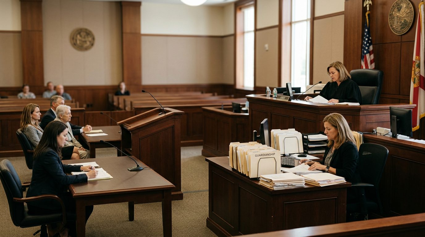 Judge's bench and witness stand in a Florida courtroom during a guardianship hearing.
