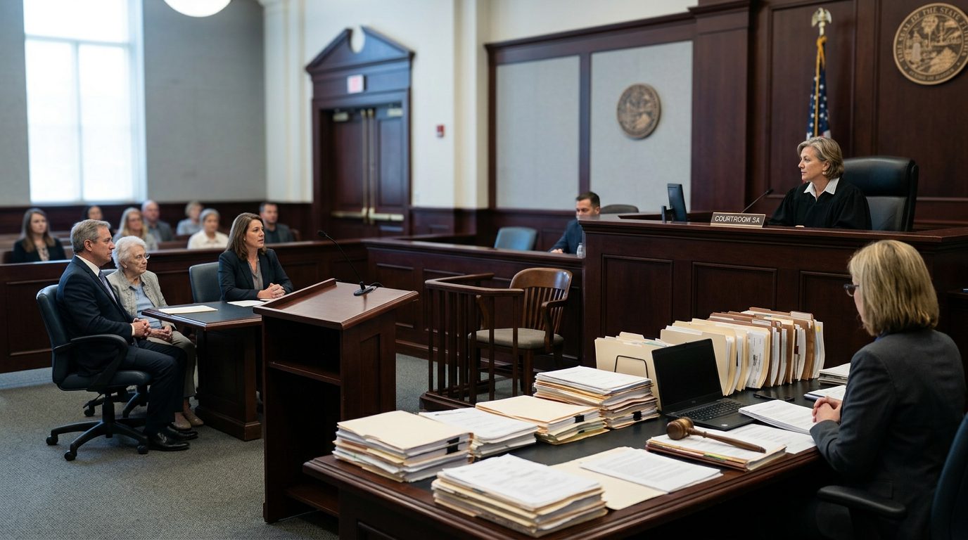 Judge's bench and witness stand in a Florida courtroom during a guardianship hearing.
