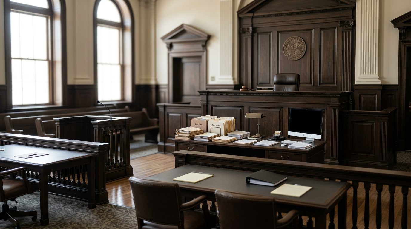Judge's bench and witness stand in a Florida courtroom during a guardianship hearing.