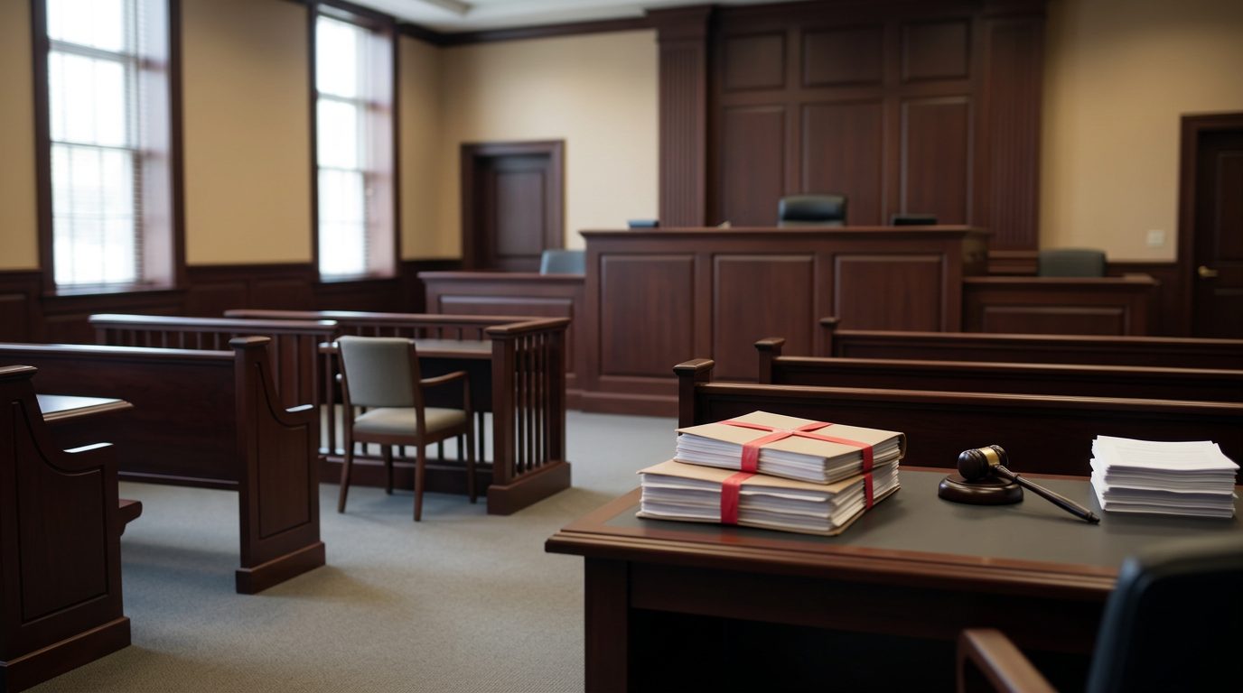 Judge's bench and witness stand in a Florida courtroom during a guardianship hearing.