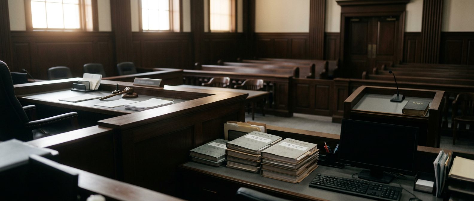 Judge's bench and witness stand in a Florida courtroom during a plenary guardianship hearing.