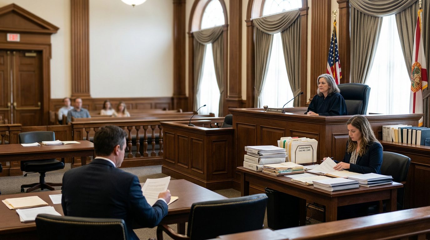 Judge's bench and witness stand in a Florida courtroom during a plenary guardianship hearing.