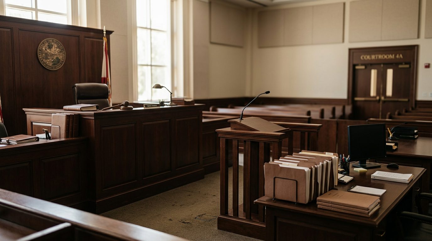 Judge's bench and witness stand in a Florida courtroom during a plenary guardianship hearing.