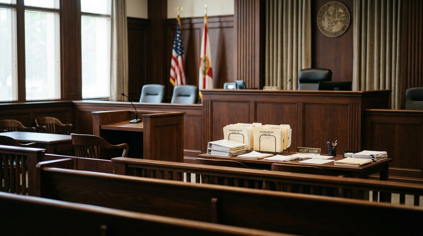 Judge's bench and witness stand in a Florida courtroom during a guardianship hearing.