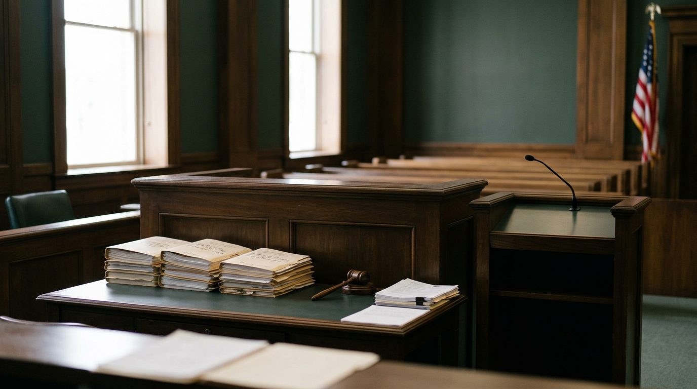 Judge's bench and witness stand in a Florida courtroom during a hearing.