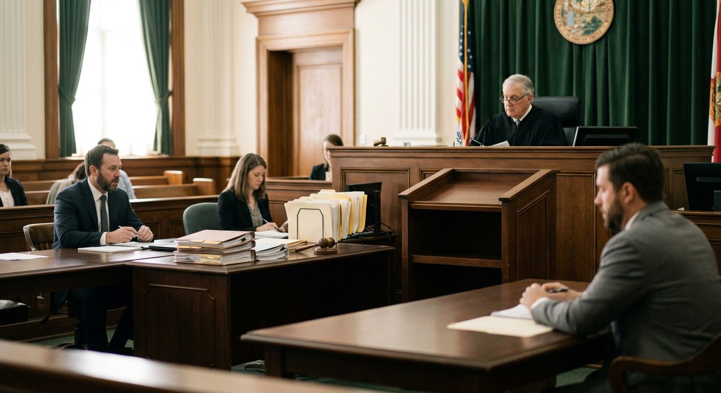 Judge's bench and witness stand in a Florida courtroom during a Marchman Act hearing.