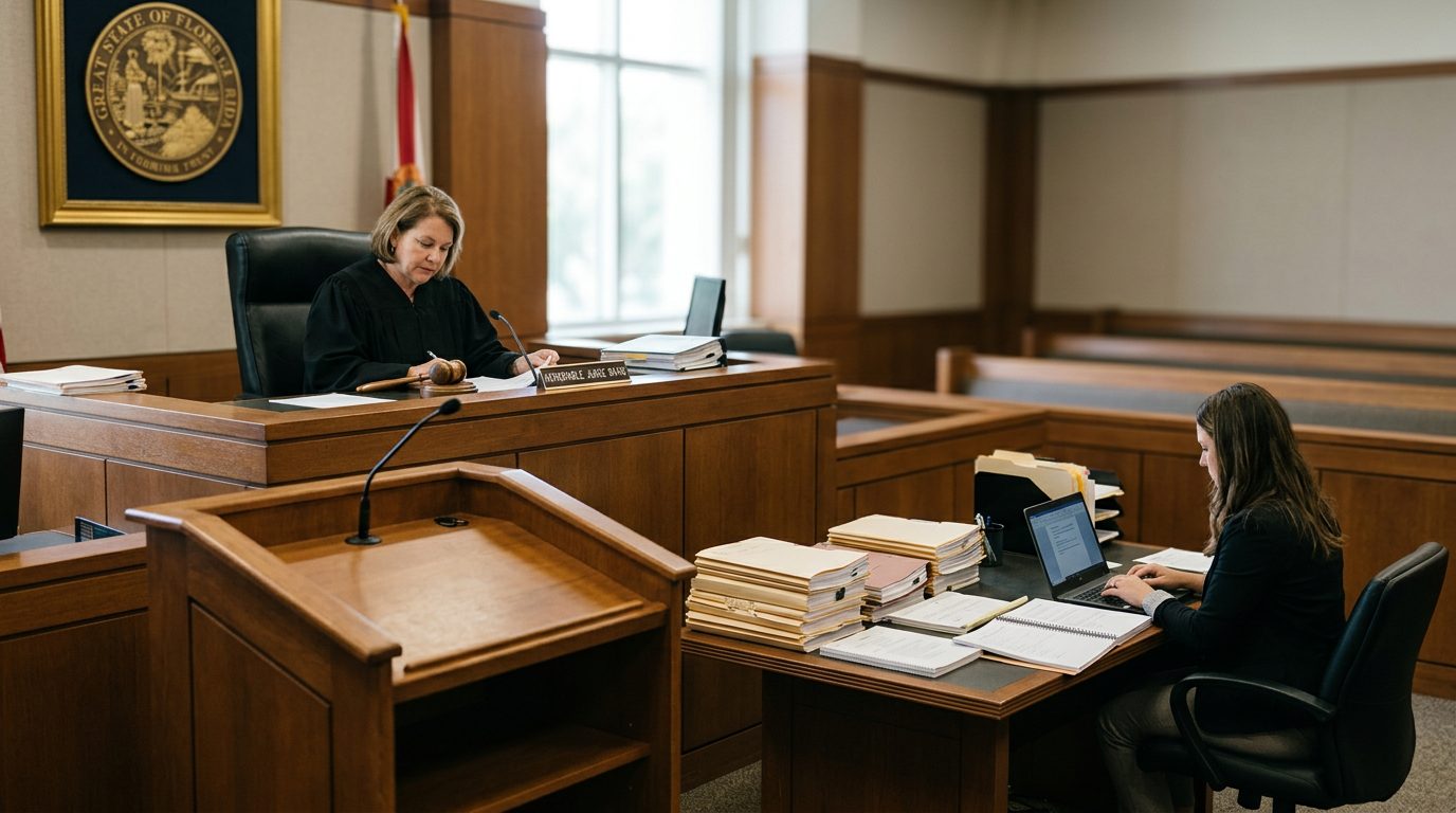 Judge's bench and witness stand in a Florida courtroom during a legal hearing.
