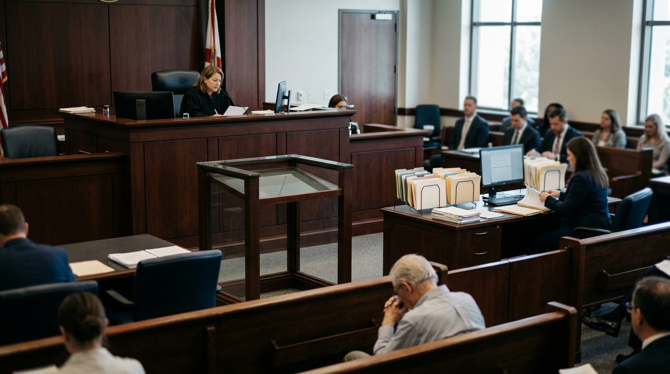 Judge's bench and witness stand in a Florida courtroom during a guardianship hearing.