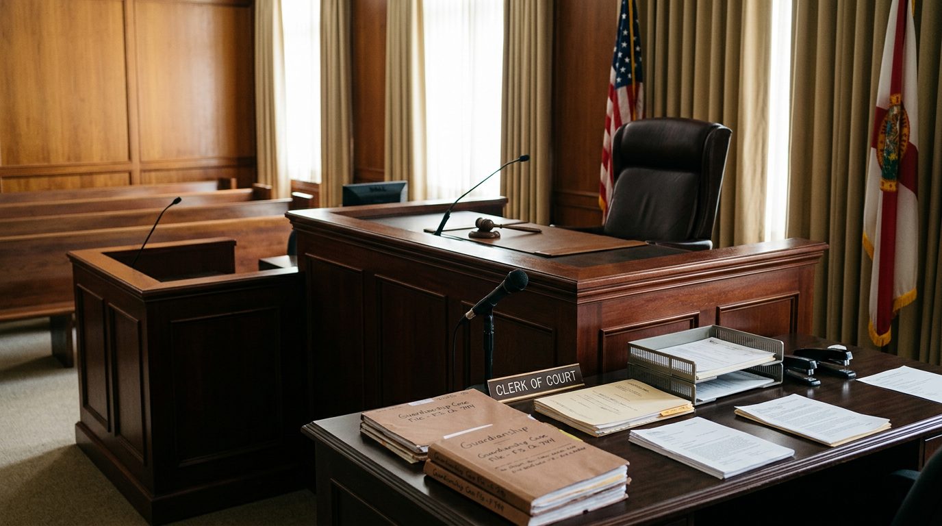 Judge's bench and witness stand in a Florida courtroom during a plenary guardianship hearing.