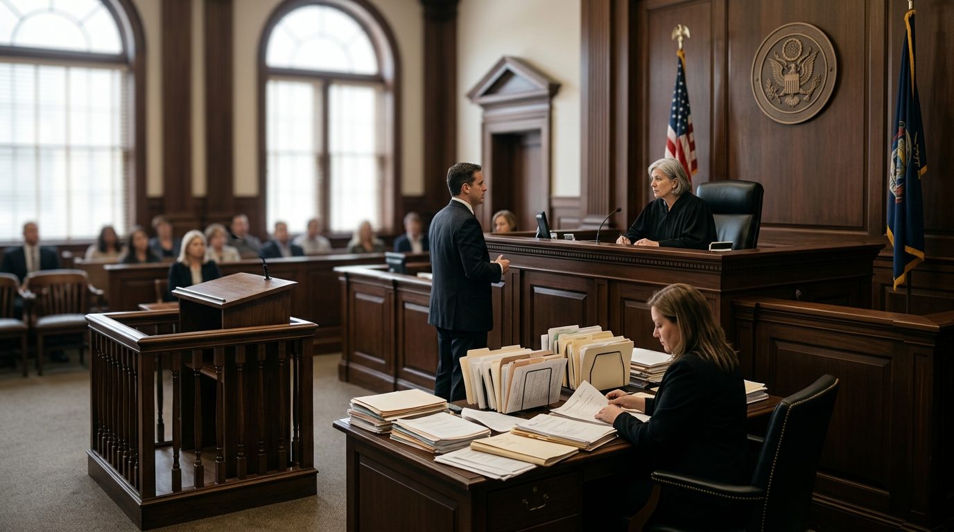 Judge's bench and witness stand in courtroom during guardianship hearing with case files.