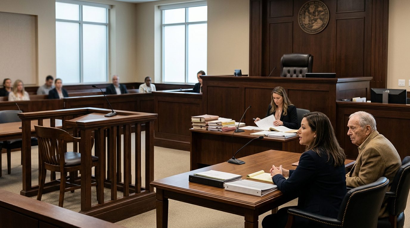Judge's bench and witness stand in empty courtroom during guardianship hearing.