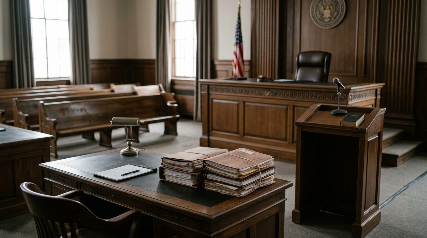 Judge's bench and witness stand in empty courtroom during guardianship hearing with case files on desk.