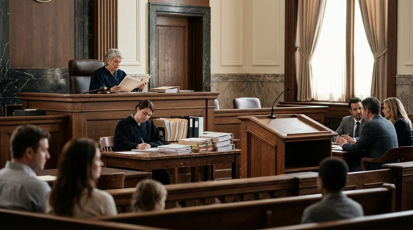 Judge's bench and witness stand in empty courtroom during guardianship hearing with case files on desk.