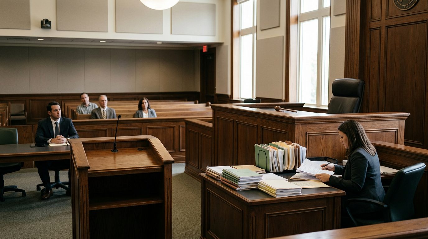 Judge's bench and witness stand in empty courtroom during guardianship hearing.