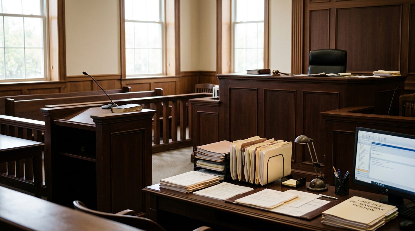 Judge's bench and witness stand in empty courtroom with case files on clerk's desk.