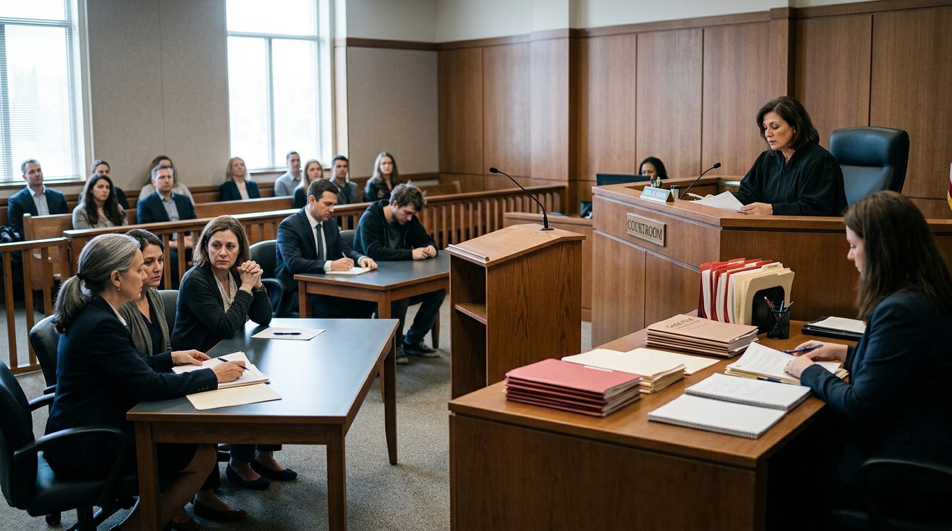 Judge's bench and witness stand in empty courtroom with case files on clerk's desk.