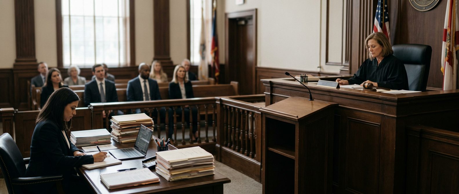 Judge's bench and witness stand in empty courtroom with case files on clerk's desk.
