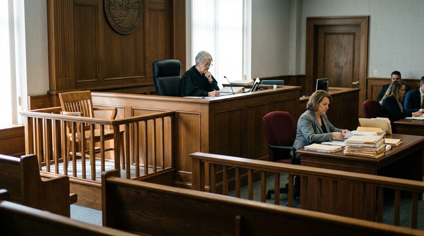 Judge's bench and witness stand in empty courtroom with case files on clerk's desk.
