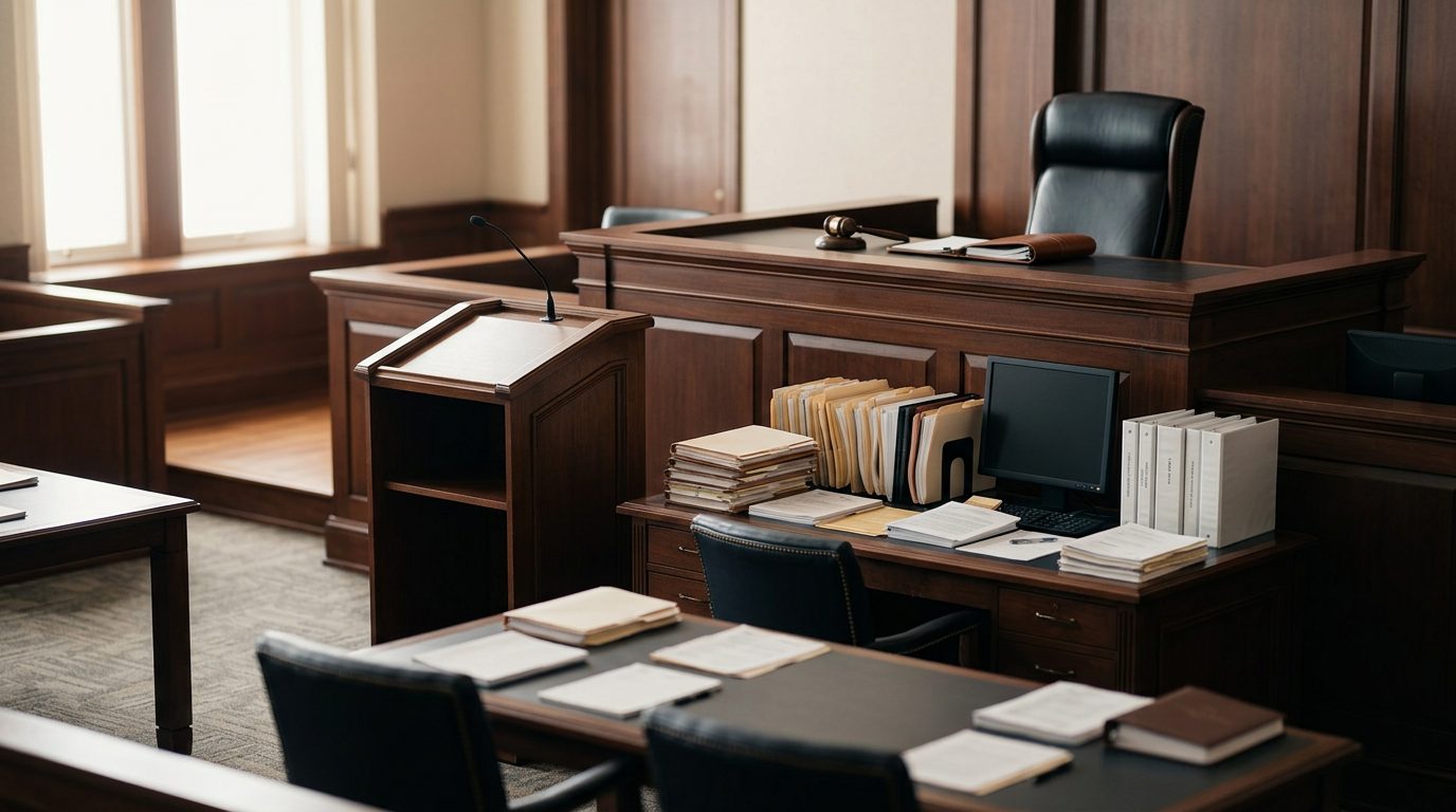 Judge&amp;amp;#x27;s bench and witness stand in empty courtroom with case files on clerk&amp;amp;#x27;s desk.